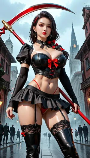 Appearance., (RoryMercury on 25 years old), is a tall woman with pale skin, long dark hair that reaches her thighs with a fringe that covers her left eye and frames her face, bright Red eyes with red highlights and diamond shaped pupils., (((Ultra realistic))), Perfect woman, Long lonG hair, black hair, tied hair, big eyes, perfect eyes, perfection, perfect skin, tan lines, building body, huge breasts, round breasts, natural breasts, thick body, large waist, large thighs, huge butt., (Medium-gotic-Skirt), v-lines, ((visible thong)), milf crop top, black-red gotic-silk underwear and corset, (nightclub, midnight, fog, foggy), . Tags, Ultra realistic, Masterpiece, Ultra detailed, High res, High resolution, 8k, UHD, Professional photography, beautiful face, (((score_9, score_8_up, score_7_up))), robe BREAK, High-resolution anime art, highly detailed, realistic, RoryMercury from GATE, tall and slender woman, pale skin, long dark hair, asymmetrical bangs covering left eye, vivid RED eyes with diamond pupils, ((wearing a dark-blac-red GOTIC style outfit)), red eyes, long hair, gothic, ribbon, hair-bow, abs, garter straps, thigh-highs, lipstick, gauntlets, puffy sleeves exposed right shoulder, subtle armor pieces, high boots, (holding long Scythe with red-lightning-aura), serene and happynes-expression, dynamic lighting, cinematic atmosphere, cityscape background, soft rain, realistic reflections, dramatic shadows, volumetric lighting. Dramatic perspective., (Gate, anime series.), rorymercury, brave, perspective, holding, Scythe, <lora:cfg_scale_boost:2>, <lora:RoryMercury_xl:.1>, <lora:brave-perspective:2>