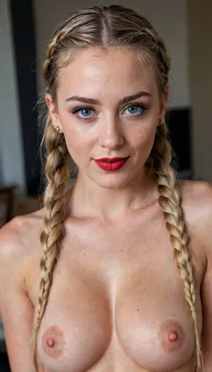 attractive sexy 20-year-old woman, very long hair french braids haircut, darker brown hair, blue eyes, thick eyebrows, thick red lips, black eyeliner, black eyeshadow, blush, slim body, breasts exposed, nude, surprise, side smile with opened mouth, no bra, bigger breasts, hard erectwd nipples, camera shot from side, looking at camera, head slightly turned to side and leaning to side a bit, soft freckles, chin up, chest pushed to front to show breasts more