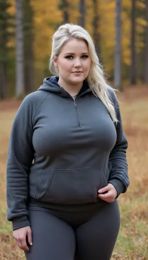 (masterpiece, best quality:1.2), very plus-size 1 girl, (((ssbbw))), ((oversized massive bosom:1)), swedish film character, solo, (anthracite fleece troyer, long sleeves:1.2), dark grey open hooded windbreaker, tight hiking pants, outdoors, Blue, pretty eyes, white blonde hair, high ponytail, packed wide hips, bright ice blue eyes, fat cheeks, Standing in autumn swedish fjell landscape, she is flirting with viewer, seductively smiling, photorealism, perfect face, portrait, shot from side, profile