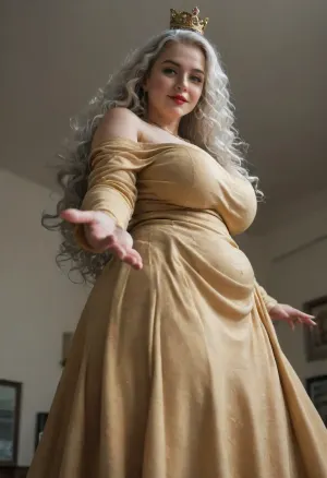 (23 old years:2), (white Woman), (White skin), (A single woman:1.5), (light-green eyes), (Thin lips), (upturned nose), (ultra-realistic), (best quality), (best lighting), (fat body:1.4), (((curly hair:1.4), (long hair:1.4), (full light_White hair:1.5))), (big breast), (wide hip:1.2), (big thigh:1.2), (big ass:1.2), Chubby belly, (blush:1.3), red lipstick, slight smile, (Off-shoulder:1.3), (long sleeve:1.3), (big skirt:1.7), long skirt, (golden dress:1.3), (Golden crown:1.2), (golden necklace), (to look superior), (view from below:1.4), (side view:1.4), (Reaching out to the POV:1.1)