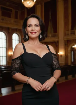 The picture shows a 47-year-old woman in a black dress in a historic opera house. She is on sale for cheap sex. Advertisement photos. The woman is smiling and appears to be posing in a historic opera house. She looks like a very traditional housewife in her representative role of accompanying her husband to events. He.likes to sell his sexy bitch as an escort to friends. Her role is to listen attentively, pay attention to her appearance and nod understandingly.

The 47yo woman is extremely well titted, sexy cleavage, nice makeup, she is in her hormonal cycle shortly before ovulation. She behaves like a cat in heat. Her eyes are wet and glassy, her lips are thick, her mouth is lasciviously open, she laughs excitedly. Hollow back emphasizing her breast. She behaves very submissive and anxious to attract a potent sexual partner. Her whole body signals submissiveness and that she is ready to be inseminated. She shows herself very ready to mate, waiting to be fertilized soon. She is ready to copulate. Her look is aiming at turning on.

The image features a beautiful very sexy 47yo woman. Cinematic. Body according to age with imperfections like Cellulite, Varicose veins etc. Oval face. Pale skin, no tan. Height 170cm. Breast size 80C. Smiling. Dark brunette hair, very thin hair, shoulder length hair, slightly medium bob cut, hair parted on one side. very high forehead. thinning hair without volume, High hairline, very sparse flat thin hair, hair combed back tucked behind ears. Slightly curvy body. Stocky legs. Nice round ass. Narrow waist, Sturdy thighs, little tummy, wide very female hips, Decent makeup. She likes to show skin. Small eyes. Thin eyebrows. Wrinkled eyes. Beautiful capturing woman. Smiling., <lora:Picture_enhancer:.8>, orgasmface, <lora:orgasmface_SDXL:.8>, The model has dark hair, styled with a slight wave. She has a medium skin tone. Her facial expression is neutral, with a slight smile. She is standing, with one hand on her hip and the other holding a small black clutch. This pose gives the impression of confidence and elegance. She wears a pair of drop earrings and a ring on one hand. Her wrist is adorned with a bracelet.

The primary subject is a female who is wearing black sheer stockings. The stockings are well-fitted and cover the legs smoothly. She is wearing black high-heeled shoes. The shoes have a pointed toe and a slender heel. One foot is on the ground, while the other is slightly lifted. The dress is entirely black. It's a short, A-line style dress, with a round neckline. The dress has sheer lace sleeves and a lace panel across the upper chest and shoulders. The lace detailing adds a touch of delicacy and sophistication to the dress. The sleeves are short and slightly puffed, ending just above the elbow.The woman is wearing a black beaded bracelet and silver earrings.