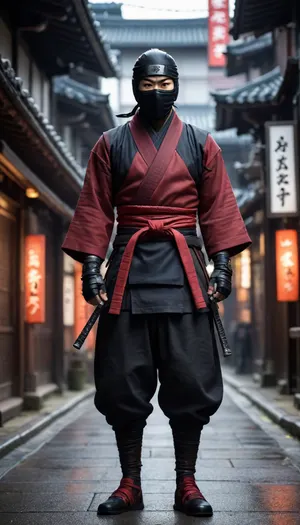 High resolution and finely detailed photography, its 64k real life vivid colors without any error, (pay attention), a ninja woman a secret spy assassin who was active in Japan mainly during the Sengoku period and Edo period, 15th to 19th century, ready to run through the darkness of Tokyo city 2025 dressed in a, Shinobi shozoku, footwear jita, Edo, with his, ninjato sheathed, High definition wide angle body shot, wide focus with great semi-artificial detail in the third plane.