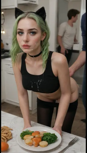 (Masterpice), HD4K visual, clear background, clear model, One Middle age Caucasian White woman, nerrow face, beautiful eyes, nose ring, ear rings, black choker, tounge ring, (bright neon green hair), in pigtails, black cat ears, dark goth makeup, tall, slim body, thick ass, small perky pointed breasts, sleeveless crop top, black skin tight leggings, top pulled up, leggings pulled down, streams of cum on face, globs of cum on breasts, streams cum on ass, horny expression, in a kitchen, (holding a fresh steak and potatoes on a plate), bending over a modern stove, at night, kitchen lights on, detailed background, close up, incase, style, ratatatat74, woman, cum, on, face, <lora:287175_training_data:1.4>, <lora:ratatatat74-000050:1.4>, <lora:JustCum:1.4>