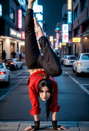 Photography, (photographic), cinematic photography {hint}. 35mm photography, film, bokeh, professional, 4k, high detail, cinematic, shallow depth of field, film grain, high budget, epic, sullen ninja girl in, (traditional ninja clothing:1.2), with an intense stern gaze, (flexible in jump:1.6), (arms spread wide, (hands not in frame:1.1), like a predatory panther, (with ninja weapons:1.2), in the city of Tokyo with tall buildings and lots of neon signs.)