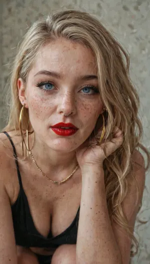 a fat ugly 24 year old woman with long blonde hair and brown roots clearly showing, pale skin and freckles, nose piercing, hoop earrings, piercing blue eyes, black eyeliner, black lipliner, red lipstick, on her knees