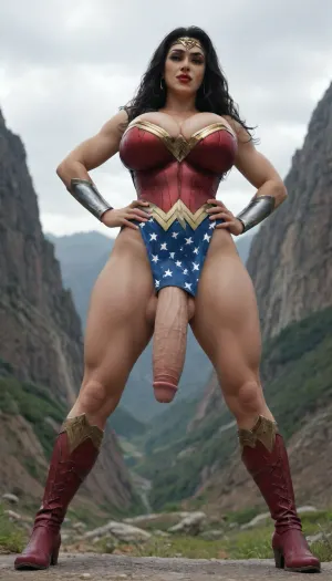 (futanari woman), (wonder woman), (standing strong on the very top of Mount Olympus), (mountain top), (glowing lasso), (very wide stance), (hands clenched), (hands on hips), (huge breasts), (very attractive), (wonder woman boots), (pretty face), (sexy), (muscular legs), (red lipstick), (perfect makeup), (huge round breasts:1.2), (large penis:1.2), (very long straight black hair), (huge cleavage:1.3), (full body), (dynamic pose), (low view:1.4)