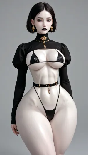 1girl, gothic, Asian goth, pale skin, (pale skin:3.5), dark black eyes, (black hair:2), bangs hair, black eyeliner, (black lipstick), white skin, (full body shot), beautiful Asian face, (flat chest:.7), small boobs, black choker with golden pendant, gold rings, golden earrings, navel piercing, pierced nipple, garters, regal bedroom, (extreme snatched waist:1.8), pencil waist, (wide hips:1.8), hour glass body, perfect ass, black waist trainer thong, micro bikini top, (short torso:.8), underboob, bottomheavy, (big ass:1.3), bolt on ass, huge, gigantic, (thick thighs), massive, in a royal ballroom, regal background, <lora:bottomheavy_v1_sdxl_tags:2>