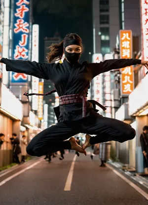 Photography, (photographic), cinematic photography {hint}. 35mm photography, film, bokeh, professional, 4k, high detail, cinematic, shallow depth of field, film grain, high budget, epic, sullen ninja girl in, (traditional ninja clothing:1.2), with an intense stern gaze, (flexible in jump:1.6), (arms spread wide, (hands not in frame:1.1), like a predatory panther, (with ninja weapons:1.2), in the city of Tokyo with tall buildings and lots of neon signs.)