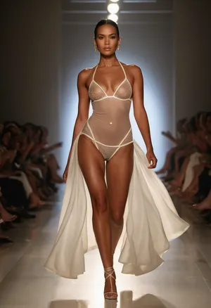 A striking White model walking confidently down a high-fashion runway, wearing a couture see-through swimwear-inspired outfit with dramatic accessories very exposal. She strikes a classic runway pose mid-step, her strong posture emphasized by soft overhead lighting. The audience is blurred in the background, keeping full focus on her radiant naked figure and high-fashion styling.