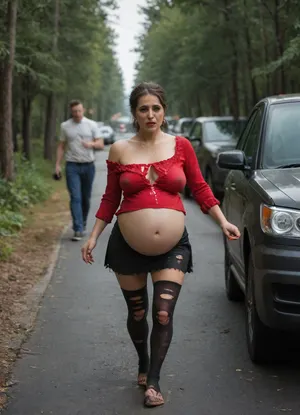 forest road, roadside parking, cars, trucks, public, people, red torn blouse, red blouse, torn blouse, tits out, short skirt, black skirt, torn skirt, ((walking)), (cum oozes), (cum on chin), (cum on blouse), (cum on tits), black stockings, dark lipstick, explicit, (((49yo))), brunette woman, (milf:1.3), (mature:1.3), makeup, strong makeup, smeared makeup, smeared mascara, smeared lipstick, ((drunk)), intoxicated, spent, tired, shock, pain, tears, crying, scream, panic, terrified, messy hair, (whip marks), (cut marks), ((bruises)), (bruise), (bruised), saggy tits, saggy breasts, tits hanging, dark red nails, veins, blemishes, pores, photorealistic, torn black stockings, torn fishnets, black fishnets, (ragged clothes), realistic face, realistic feet, (dirty soles), ((dirty feet)), ((dirty body)), ((dirt)), ((smeared)), (hairy pussy), (slender body), wide hips, (hairy armpits), ((pregnant)), ((bruised tits)), high heel sandals