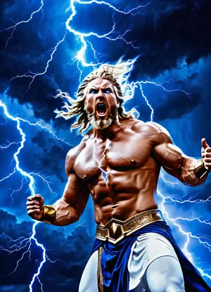 (epic shot:1.2), (Zeus, god of lightning, god of thunder, Greek mythology:1.3), (double exposure), (picture within a picture), holding in his hand, (a bright blue lightning bolt:1.5), (muscular man:1.1), (intense facial expression:1.2), (glowing blue eyes:1.3), white flowing beard and hair, picture within a picture, (white toga with gold trim:1.1), gold cuffs, gold leggings, standing against the background, (dark stormy sky with lightning:1.2), ., In the background, (ghostly, enlarged image of Zeus screaming:1.1), with fierce blue eyes and open mouth, surrounded by lightning, (dark clouds, atmospheric storm), (dramatic lighting:1.2), volumetric lighting, high contrast, contour lighting, (digital painting:1.3), complex details, high detail, sharp focus, octane rendering.