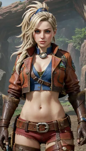 (Masterpice), (HD4K visual), (detailed background), (detailed model), detailed background, detailed face, detailed eyes, detailed hands, (Gemma from the video game Monster hunter wilds:1.4), (big messy platinum blond hair in a really long ponytail), blond hair, (blue eyes), freckles, long face, welders goggles on forehead, brown croptop leather jacket, bikini under jacket, brown baggy pants, utility belt, chubby body, DD size breasts, in a primitive Smith forge, small tent over forge, day time, sunlight beeming down, forging metal armor, incase, style, ratatatat74, gemma_mhwilds, <lora:287175_training_data:1.4>, <lora:ratatatat74-000050:1.4>, <lora:gemma_mhwildsXL:1.4>, <lora:add-detail-xl:1.4>