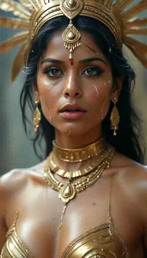 30 year old female indian superhero, her super power is vetting covered in cum, gold headdress and facial jewellery, spandex, sexy expression, woman, cum, on, face, <lora:MJ52:2>, <lora:BUT_SDXL_SHS:1.6>, <lora:add-detail-xl:1.5>, <lora:CinematicStyle_v1:2>, <lora:JustCum:1.5>