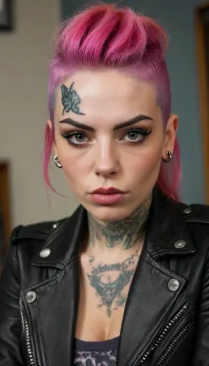 ziprealism, (punk, punk rock, punk rock woman, piercings, black leather jacket:1.6), (confident pose, large expressive eyes, angular facial features:1.2), ((smug), , , tattoos, punk esthetic makeup, sharp eyebrows:1.8), (warm romantic lighting, shallow depth of field, strong saturation, vintage analog lens, Dutch Angle, focus on lips:1.4), (goosebumps, vellus hairs, freckles, perfect eyes:.4), (rude hairstyle, multicolored hair, vivid hair, undercut hair:1.2), (natural skin texture, maximum quality skin texture, RAW photography, uncompressed), (cozy bedroom, large comfortable bed), igbaddie, <lora:style_lora_realis:.8>, <lora:igbaddie-XL:.4>
