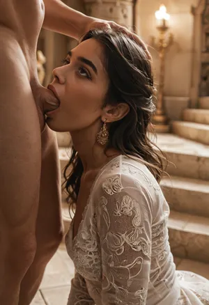photorealistic, masterpiece, high-res, (full-body picture:1.2), (cinematic lighting:1.5), 23 year old woman, (Persian woman:1.6), (Spanish castle bedroom:1.5), (curvy body:1.2), big athletic ass, small-medium round breasts, very sexy face, (very tan skin), long hair, she is wearing a short sexy white lace long sleeve dress, (looking at me), she is deepthroating a mans penis, side view, (deep throat), gagging, sidefellatio, fellatio, from, side, 1boy, penis, the man is grabbing her head