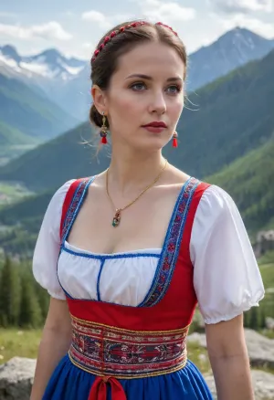 (masterpiece, best quality:1.2), 1 slovak 40 yo woman, famous singer, (she wears a white red and blue Slovak traditional dress:1.4), outdoors in the High Tatras, (short brunette hair, all hair combed back and tied in a very small pigtail, neck hair:1.2), grey eyes, (earrings, golden necklaces:1.2), she stands at a viewpoint and looks into the distance, the viewer sees her diagonally from behind, photorealism, <lora:681678_training_data:.5>
