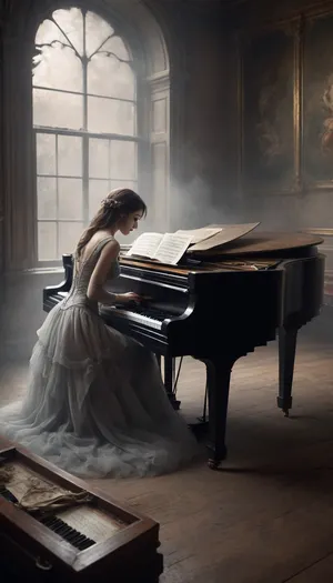 illustration. draw with ink and brush, symphonic metal, Harpsichord, virtuos, female, create a captivating blend of lead melody and lush backing textures, sweeping arrangements, epic and majestic. shrouded in soul aura and decay fog. Three levels. shallow depth of field, parallax. /©KlTTY-ART/