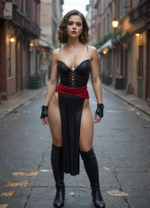 This is a highly detailed digital artwork in a realistic, fantasy style. The central figure is a striking woman with a dark, mysterious aura. She has long, black, wavy hair that cascades down her back, and her skin is a smooth, light olive tone. She has a confident, almost fierce expression with dark, smoky eye makeup and full, pink lips. Her physique is athletic and toned, with pronounced muscles and a narrow waist. She is wearing a deep purple, low-cut, one-piece outfit that laces up the front, accentuating her large breasts. The outfit is cinched at the waist with a red sash. She also wears black, fingerless leather gloves and thigh-high black boots.

In her right hand, she holds a glowing, purple, magical flame, which emits a soft, eerie light. The background is a dimly lit, urban alleyway with tall, gothic-style buildings on either side. The ground is covered in debris, and there are small, flickering fires throughout the scene, adding to the dark, mystical atmosphere. The overall color palette is dominated by shades of purple, and gray, creating a moody, otherworldly effect. The image combines elements of fantasy and realism, drawing the viewer into a dark, magical world.