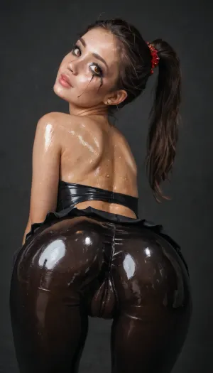 Very very oiled body, (((oiled, ((oiled body))), 18 year-old girl in black latex microskirt showing vagina, slutty makeup, highly seductive and slutty, big brown eyes, small chin, small nose, suggestive magical beauty, enchanted, cute but evil, slim body, small tits, flat chest, round butt, onion booty ass, long legs, thick thighs, ((huge cameltoe pussy under tight swimsuit pants:1.6)), ((from behind:1.4)), ((legs thights closed:1.5)), ((thigh gap:1.4)), arched back, ass up, posing in black room leaning on her side, long black hair, idol face, freckles, Sporty ponytail hair style, extremely detailed skin texture, realistic, 8K photo quality, sukumizu, school, swimsuit, detailed, eyes, perfect, texture, photorealistic, Freckles, Natural))