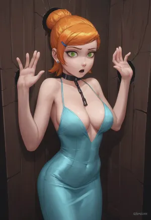 Perfect quality, more details, Female, bombshell, lust goddess, idol face, cute, blonde, bangs haircut, hourglass figure, ovaled oversized sagging breasts, (short bodycon dress), surprised in a gloryhole booth, (/Ben10), /, (ultra, HD, quality, details), (green, eyes)