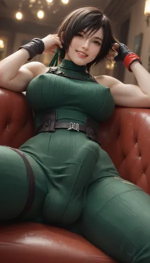 (((HD, 8K, quality, highly detailed, high resolution, score_9, score_8_up, score_7_up, score_6_up, 2D))), mature style, (the illustration is a pencil sketch), messy sketch lines, rosy cheeks, 1woman, long eyelashes, small slender nose, (laying legs crossed on a couch), evil look and grin, one hand in hair, ((futanari yufie_final_fantasy_7, petite, extremely beautiful and young, extremely muscular body, tight waist, huge massive breasts, massive fully erect cock bulge in pants)), below view, detailed abs, very wet, high rise tight white see-through pants, erect nipples, white see-through sleeveless shirt, open shirt showing cleavage, necktie, thigh bands, detached tight sleeves, mole under eye, fingerless gloves, ((wet oily sweaty body, wet hair, messy hair)), in a bar with pink neon, pink lighting, (Pencil_Sketch:1.2), messy lines, hatching texture, black lipstick, black eyeliner, tattoos, green, eyes, blue, brown, perfecteyes, teeth, braces, <lora:1292301_training_data:1>, <lora:371431_training_data:1.3>, <lora:Anime_Sketch_SDXL:.9>, <lora:PerfectEyesXL:.8>, <lora:TeethXL:.8>