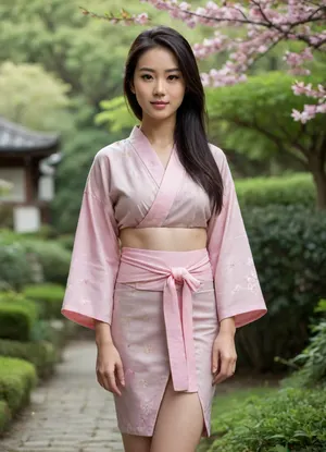 A vertical split image features a young adult female, likely of East Asian descent, with long, straight black hair, a light skin tone, and a slender build, presented in two different states side by side against a blurred outdoor background of green foliage. On the left side, the woman is wearing a light-colored yukata or kimono, which is white with a pattern of pink and gray cherry blossoms or similar floral motifs. The garment is tied with a wide obi around her waist, appearing to be a woven material in shades of gold and brown. She is standing full-length, seen from the waist up in detail and full length for the garment, wearing simple, light pink sandals with low wedges or heels. She has a neutral expression and is looking slightly towards the camera. On the right side, the same woman is standing fully nude, facing the camera. Her pose is similar to the left side, full-length, showing her chest, abdomen, and legs. Her body is smooth and well-proportioned. She is wearing the same light pink sandals. Her expression is slightly more engaging, with a gentle smile, and she is looking directly at the camera. The background on both sides consists of lush green plants and foliage, suggesting an outdoor setting like a garden or courtyard. The lighting is soft and natural, illuminating her skin evenly. The image is high-quality, with smooth skin textures and well-defined details on the clothing and body.