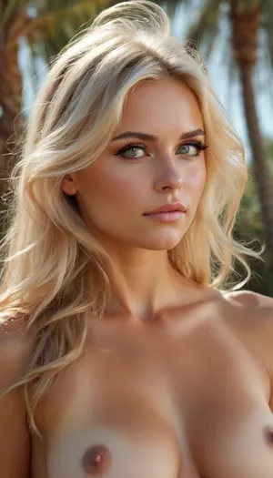 Masterpiece, (((profile view))), 30 year old athletic beauty, very long blonde hair, eyeliner, ultimate realism, sunny day, heat wave, very hot weather, palm trees, realistic detailed skin texture, focus on realistic face, ((sweating a lot)), visible sweat, oily skin, dimples, topless, suffering from heat, stunning eyes, Sun-kissed skin, nsfw, scenic, but, tan, lines, <lora:BUT_SDXL_SHS:.8>, <lora:breasts-sdxl:.8>, <lora:tan-lines-xl-v1:1.3>