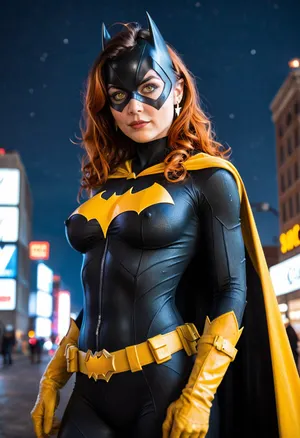 This is a digitally created, photorealistic CGI image featuring a Batgirl, she has light skin, auburn hair, and is wearing a black Batman mask with pointed ears and yellow eyes. Her breasts are medium-sized with pink nipples, and she is covering her genitals with her right hand, which is clad in a bright yellow glove. She also wears a yellow Batman-style cape that falled over her shoulders and back, and a yellow utility belt with a jagged design around her waist. The background is a night sky with a large, stylized yellow Batman logo prominently displayed behind her. Silhouettes of city buildings and a tall antenna are visible in the distance. The overall composition combines elements of superhero imagery with a provocative, adult twist, emphasizing the contrast between the costume elements and the nudity of the subject.