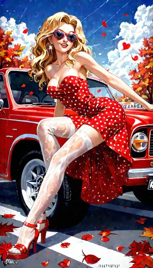 The focus is on a glamorous young woman with long, wavy blonde hair, posed in a seductive manner in front of a classic red pickup truck. She is wearing a short, polka-dot, strapless dress, and red high-heeled sandals with intricate straps. Her left leg is bent at the knee, with her foot resting on the ground, while her right leg is extended, lightly touching the truck's front bumper.big tits, neckline, stockings, Her hands are placed on her hips, and her gaze is confidently directed towards the viewer. A vintage red pickup truck, possibly a 1940s or 1950s Chevrolet, is parked on asphalt that is partially covered with bright red leaves and petals. The truck features chrome-plated details, including the grille, bumper, and headlight trim. A yellow license plate with writing is visible on the front of the truck. The background is a rich, vibrant red color, with trees adorned with bright red foliage, creating an autumnal or decorative theme. Many small red hearts on the ground and in the air enhance the romantic and festive atmosphere. The overall scene is filled with shades of red, creating a festive and passionate mood., circle, dress The focus is on a glamorous young woman with long, wavy blonde hair, posed in a seductive manner in front of a classic red pickup truck. She is wearing a short, polka-dot, strapless dress, and red high-heeled sandals with intricate straps. Her left leg is bent at the knee, with her foot resting on the ground, while her right leg is extended, lightly touching the truck's front bumper.big tits, neckline, stockings, Her hands are placed on her hips, and her gaze is confidently directed towards the viewer. A vintage red pickup truck, possibly a 1940s or 1950s Chevrolet, is parked on asphalt that is partially covered with bright red leaves and petals. The truck features chrome-plated details, including the grille, bumper, and headlight trim. A yellow license plate with writing is visible on the front of the truck. The background is a rich, vibrant red color, with trees adorned with bright red foliage, creating an autumnal or decorative theme. Many small red hearts on the ground and in the air enhance the romantic and festive atmosphere. The overall scene is filled with shades of red, creating a festive and passionate mood., circle, dress