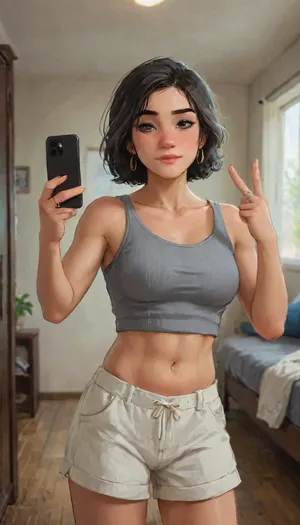 Andava, Andavaverse, Cinematic scene of a middle-aged woman taking a mirror selfie in a modern, well-lit apartment with wooden floors and a cozy, minimalist interior. with subtle makeup. She is flashing a peace sign with one hand while holding a phone with a patterned case in the other.her expression poised and seductive, Soft, moody lighting with romantic tones, blending rugged masculinity and confident sensuality. Wedding rings visible. Scene evokes deep love, strength, and desire.

DYLAN KARURA ROTH, East-Asian, Korean, Wife, confident and mature petite middle-aged woman, Height 5'7, a stylized character featuring sharp mature facial features Fine lines and wrinkles Especially around the eyes and mouth smile lines and forehead, two-tone black hair with silver highlights sleek bob-cut hairstyle, and expressive bright-grey eyes, framed by thin-rimmed designer female glasses. She's wearing a cropped, ribbed gray tank top with a ruffled hem and light beige, high-waisted shorts with a gathered elastic waistband., accessorized with gold earrings and a jewelled choker and wedding ring. Her pose is poised and seductive relaxed, knowing smile and half-lidded eyes, blending professionalism with subtle sensuality. The character exudes authority and charm, with a slender yet athletic hourglass figure emphasizing elegance and confidence.Shes hard working mom of two 'Alexis and Pelo'.

grandmother, perfect anatomy, best quality, 8k, insane details, intricate details, hyperdetailed, hyper quality, ultra detailed, professional, HDR, ray tracing reflection, cinematic lighting, highlydetailedbody, realisticface, highlydetailedhair, perfectfingers, insanelydetailed, 8K.highdetailedskin, highresolution, (j_cartoon:1.5), Drawing, grannie, uberfit, muscular, athletic, <lora:Older_woman-000008:2>, <lora:detailed_notrigger:2>, <lora:samdoesarts1.1-000030:.4>, <lora:J_cartoon:.3>, <lora:Animated_Concept:.4>