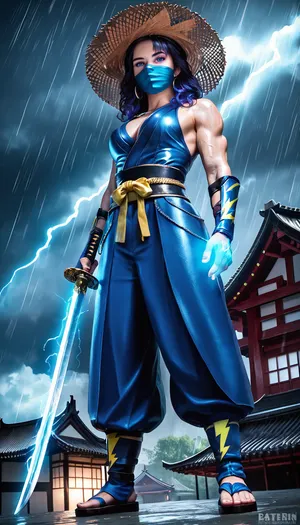 (masterpiece, best quality, highly detailed, photorealistic:1.2), an ancient warrior, Raiden from Mortal Kombat, powerful, standing on a traditional Japanese rooftop, full body shot, (dramatic lighting:1.1), (heavy rain, stormy weather:1.2), (intense lightning bolts:1.3), striking across the dark sky, dynamic pose, looking directly at viewer, wearing a wide-brimmed conical straw hat, ((blue detailed ninja mask:1.1)), intricate blue and dark monk robes, ornate metallic armor details on chest and arms, strong muscular build, holding a katana sword in hand, (((glowing blue energy in left hand:1.2))), atmospheric perspective, mystical glowing effect, distant traditional Japanese buildings with warm lights below, volumetric lighting, godrays, depth of field, sharp focus, cinematic, hyperrealistic