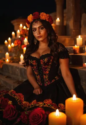 (masterpiece, best quality, highres, photorealistic, ultra detailed, cinematic lighting), 1girl, 25 year old beautiful mexican woman, medium height, curvy figure, long wavy dark brown hair decorated with marigold flowers, warm tan skin, deep brown eyes, full lips painted bright red, traditional Día de los Muertos makeup with elegant sugar skull face paint, wearing elaborate traditional black lace dress with embroidered red and gold floral patterns, corset waist, layered skirt, flower crown of marigolds and roses, holding a candle in one hand and a sugar skull in the other, surrounded by glowing candles, colorful papel picado banners, vibrant ofrenda altar with candles, cempasúchil petals scattered on the ground, incense smoke in the air, background, night cemetery illuminated by candles and lanterns, soft warm orange and purple light, cinematic atmosphere, ultra sharp focus, detailed fabric texture, HDR, shallow depth of field, <lora:add-detail-xl:.75>, <lora:PerfectEyesXL:1>, <lora:cfg_scale_boost:.6>