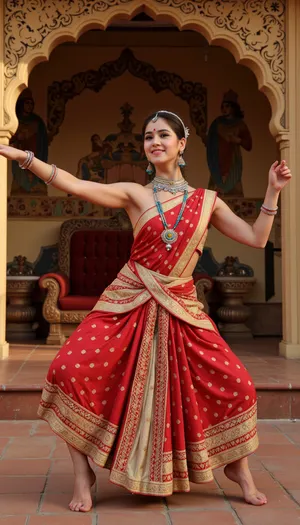 (highly detailed Indian dancer:1.3), in a traditional red lehenga choli, gold embroidery, (exquisite jewelry:1.1), maang tikka, necklace, bracelets, (dance movements:1.5), (Kathak dance:1.7), (precise detailing of dance movements:1.5), in an Indian palace of a raja, richly decorated arches, ancient frescoes, exquisite architecture, symmetrical composition, (golden hour:1.1), soft diffused lighting, (chiaroscuro:.9), (rich, warm colors:1.1), red, gold, indigo, turquoise, ivory, ochre, (atmospheric lighting:.9), (dynamic composition:1.3), (photorealism:1.2), (ultra-high resolution), meticulous attention to detail, complexity, high detail, (8k), cinematic lighting, sharp focus, detail, hand, perfect, <lora:Hand v2:.8>