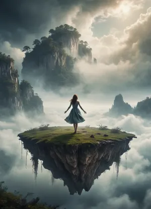 Imagine a photo of a women floating in the sky on a flying island. shrouded in soul aura and decay fog. Three levels. shallow depth of field, parallax. /©KlTTY-ART/