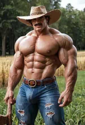 A big beefy sexy redneck daddy man, 45-years-old man, rednceck man, macho guy, brown hair, big thick brown mustache, big muscles, (big muscles:1.3), big pecs, wearkng tight open plaid shirt, tight torn denim, big bulge, big tigh, belt, stetson hat, in a fantasy sunny, in wheat field, sunlights, sexy, hot, teasing man, (timber:1.3), solo, gay man, only man, no women, front view, holds big axe in his hands...