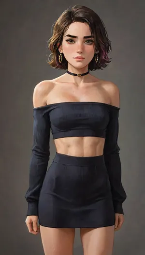 Andava, Andavaverse, ANGELIA PELO ROTH Ready For Brunch.

ANGELIA PELO ROTH, Italian-Korean, Height 5'3, A confident young woman with wavy shoulder-length hair black at the roots and dyed in rich two-tone purple with slight magenta highlights, parted slightly to the side, bright-grey eyes, She has a toned body, small breasts, athletic midriff exposed. wearing a off the shoulder top and high waisted mini skirt, athletic body, flat stomach, toned abs, accessorized with gold earrings and a jewelled choker, Her expression is confident and playful, slightly smug or teasing. The aesthetic is alt-girl, modern streetwear with punk/grunge influence.

perfect anatomy, best quality, 8k, insane details, intricate details, hyperdetailed, hyper quality, ultra detailed, professional, HDR, ray tracing reflection, cinematic lighting, highlydetailedbody, realisticface, highlydetailedhair, perfectfingers, insanelydetailed, 8K.highdetailedskin, highresolution, (j_cartoon:1.5), Drawing, Andi, uberfit, muscular, athletic, <lora:467443_training_data:1>, <lora:detailed_notrigger:1>, <lora:samdoesarts1.1-000030:.4>, <lora:J_cartoon:.3>, <lora:Animated_Concept:.4>