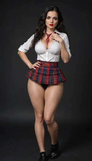 (location on a black background), Hermione Granger young Bimbo witch with freckles sexy body, dynamic pose, (huge bimbo breasts:1.1), (decollete:1.2), (bulging big ass:1.4), (wide hips:1.6), freckles, (thin waist), (long thin slender legs:1.1), (long hair), (black hair:1.6), (straight styled hair:1.1), (makeup), red lips, white school blouse, school checkered skirt, school tie, (black lace stockings:1.1), school costume, <lora:add-detail-xl:.8>