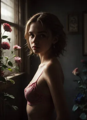 (masterpiece, best quality, absurdres), 1.2, artistic portrait, beautiful jackie, flowers, hairstyle, sexy, cute, (young:1.6), pink lingerie, colorful, (dynamic lighting, shadow detailed), (highly detailed), 1.4, speed art, cinematic lighting, neon glare, red and blue soft additional colors, large window with blinds, through the blinds the sunlight covered her beautiful breasts with rays of the sun, small oreols, no nipples, (Low-key), lighting, Style, dim, low, dramatic, small, breasts, boobs, tits, backlight, style, hair, light, dim light low key style, (red and cyan complementary colours:1.2), eye contact with viewer, turn head towards the viewer, <lora:jackie_blabla_v10:.5>, <lora:dark:.2>, <lora:hrg:.4>, <lora:Chubby BBW - XL:.25>, <lora:milkers_v2:.2>