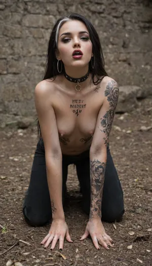 full upper body view, (((intricate full body tattoo))), topless, medium breasts, black nipple rings, black belly button piercing, large black hoop earrings, black eyeliner, black mascara, 18 year old woman holding her knees, cross tattoo on back, goth, gothic, black eye shadow, black lipstick, black collar, long hair, black hair, super skinny, scruffy hair, dirty, ghostly, skinny, messy long white hair, skinny body, fair skin, moaning, cross tattoo, <lora:Pale_Skin_SDXL_v1.0:.8>, H0t, G0th1c, 1girl, ebony, lipstick, female, piercing, dress, outdoors, <lora:Hot_Gothic:.8>, all, fours, arching4s, <lora:arching4s:.8>, Dungeon, <lora:JJsDungeon_XL:.8>