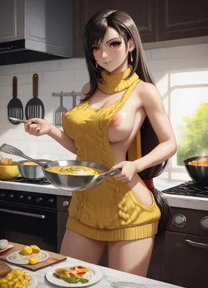 Tifa Lockhart, nude, wearing a oversized yellow wooven virgin killer sweater, big pussy cameltoe, cooking a soup in the kitchen