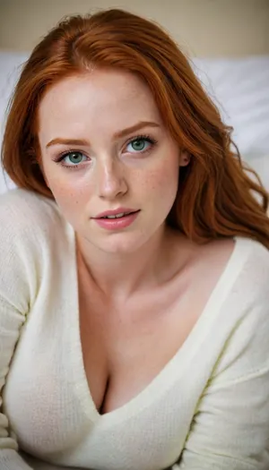 Beautiful, innocent girl, ginger hair, girl with freckles, Intense green eyes, Lying on the bed on her stomach, wearing only a white loose-fitting jumper with a wide neckline, flat stomac, Provocative smile just mentioned revealing her beautiful large breasts., RokuMadelainePetsch, Rokupetsch, long, hair, <lora:Madelaine Petsch:1.1>, <lora:potrait-woman-v2:.8>
