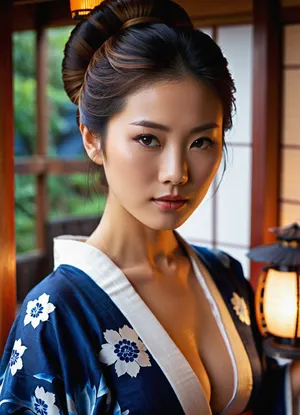 (masterpiece), (photograph), (realistic:1.1), (detailed face), (Japanese woman dyeing fabric with indigo), (close-up:1.2), ((young, slender Asian woman:1.1)), (deep neckline), (breasts almost uncovered), (open kimono), (white kimono with blue pattern), (indigo dyeing hands), (indigo dyeing), (indigo bath), (indigo water), (blue water), (bright blue water), (craft), (traditional Japanese house), (soft lighting), (penetrating diffused light), (fog, smoke), (wooden frame), (barrel), (Japanese lantern), (blurred background), depth of field, (natural makeup), (exquisite details), (beautiful highlights), (photorealistic:1.2), (cinematic:1.1), (high resolution), 8K, (HDR), (soft skin), (looking down), (breasts visible), hair tied up in a bun, hair sticks in the bun, natural skin, light shadows