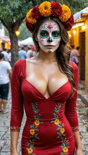 intricate details, A 25 years old mexican, the most beautiful woman, (mexican skull face paints), seductive, white and tan wet skin, flat booty, slender, 8k uhd dslr high quality, spanish, pointy nose, insanely detailed photo, highest quality, detailed skin texture, masterpiece, 4K, (very haircut), slim body, updo hair, light brown hair, big rounded breasts, woman, hairstyle, fully dressed, ((sexy tight embroiderd red dress)), ((marigold wreath upon head)), (full body view), very large breasts, standing close to the tree, outdoors, ((night of the dead mexican street festival)), night time, view from front, pose standing, open blouse, breasts fully hanging out, insanely detailed photo highest quality detailed skin texture photography highly detailed sharp focus intricate details realistic perfect eyes detailed eyes realistic eyes sharp face, (detailed face paint), perfect legs, naturtal skin skin pores, very wet face, wet body, very wet legs, very wet pussy, vet clothes, wet hair, perfect hands, <lora:add-detail-xl:1>, <lora:xl_more_art-full_v1:.5>, <lora:RMSDXL_Enhance:.8>, movie, still, film, cinematic, shot, lighting, macro, 35mm, green, eyes, blue, brown, close, up, teeth, braces, <lora:AdvancedEnhancerXLv2:.8>, aesthetic, <lora:aesthetic:.8>