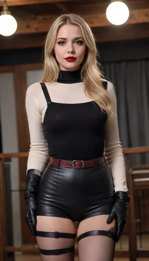 4k, full hd, girl, 30s, (dark red lipstick), female, blonde, long hair, Instagram star, (perfect face), pantyhose, jeans, black blouse, ((small natural breasts)), real hands, perfect fingers, RE4, sweater, dress, turtleneck, ribbed, thigh, high, boots, tights, harness, RE2, red, short, sleeveless, REO, leather, pants, gloves, collared, shirt, shirtlift, showing, off, her, tits