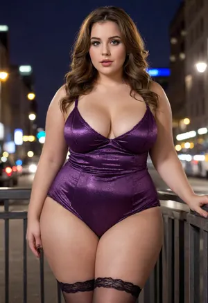 An 18-year-old, enormously overweight woman with a large rear end and very large breasts wears a shimmering mini dress in a deep, sensual purple. The fabric hugs every curve, and the low neckline offers a generous view of her ample cleavage. Black lace stockings and dangerously high stilettos complete the look and make her legs appear miles long. Her loose brown hair falls in tousled waves around her face, and smoky eyeshadow and glossy lips give her a seductive look. Brown eyes. On a summer night in the glittering city after the summer rain., plump, skindentation, chubby, bbw, venus, body, big, breasts, ass, <lora:Chubby BBW - XL:1.8>