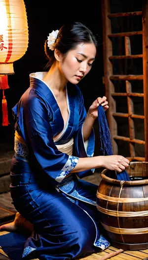 (young Japanese female artisan:1.1), (kneeling, traditional posture:1.5), blue satin kimono, white patterns on kimono, (kimono with open neckline:1.5), (modest neckline), obi sash, (dark hair tied up), (white flower in hair:1.1), (delicate makeup), looking down, (hands immersed in the process), dyeing silk fabric indigo, wooden barrel with indigo dye, (craft production:1.1), (illuminated paper lantern:1.2), red brushes, Japanese inscriptions, hieroglyphs, wooden partition in the background, traditional Japanese setting, bamboo mat, (atmospheric lighting), (soft light from a lantern:1.1), side lighting, warm tones, (dark background:1.2), (deep shadows), (cinematic light:1.3), (realistic photography:1.2), (detailed textures:1.1), (high resolution:1.1), (photo contest quality), (best quality), (masterpiece), 8k, photorealistic, ultra-detailed