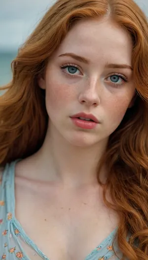 nice woman, 18 years old, plump big inflated lips, big blue eyes, long golden red hair, slightly curly. Eyebrows to match the hair tone. an abundance of freckles on the face. She is pretty, with an oval face completely covered in freckles. looks like Venus from Sandro Botticelli's painting "The Birth of Venus"