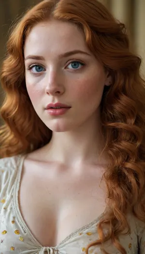 sweet woman, 21 years old, plump big slightly inflated lips, big blue eyes, long golden red hair, slightly curly. Eyebrows to match the hair tone. an abundance of freckles on the face. She is pretty, with an oval face completely covered in freckles. looks like Venus from Sandro Botticelli's painting "The Birth of Venus"