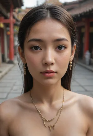 A melancholic young woman, (oriental face:2), nude, with long flowing brown hair, head bowed sadly, wearing a heavy metal collar and chain extending to the torso, and matching wrist cuffs. She stands on a rough cobbled street in the historic village, surrounded by blurred figures and ancient stone buildings, in soft, diffuse light, evoking a deep sense of confinement and despair. Photorealistic, cinematic portrait, shallow depth of field, dramatic lighting, ultra-detailed, 8k, masterpiece, high resolution., (Full body photo:1.6)