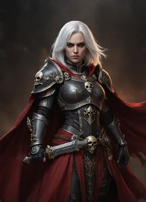 Medium-long shot digital painting of a formidable Warhammer 40k Sister of Battle, Order of Our Martyred Lady aesthetic. She has sleek, shoulder-length straight white hair and an intense, piercing gaze directed forward. Clad in ornate, battle-worn black power armor with polished steel trim and detailing. Prominent skull iconography on pauldrons and torso armor, below a chest emblem. Wearing a tattered, flowing deep red tabard and a matching red cloak billowing slightly behind her. Dramatic, atmospheric studio lighting with soft highlights defining the armor contours against a dark, smoky, textured charcoal background. Hyper-detailed digital painting style, painterly realism. Mood is grimdark, imposing, stoic, powerful., zdyna_pose, brave, perspective, holding, sword, <lora:!action-sdxl-V0.5:.8>, <lora:brave-perspective:.8>